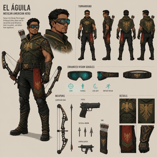 Male superhero with enhanced vision, goggles, marksmanship, bow and arrows,guns,  Mexican American , multiple of the same character 