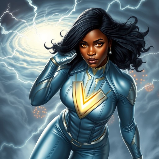 African American female superhero with hair in a shoulder length side part hairstyle with pure Gold glowing eyes wearing a leather light blue white and silver suit with light blue pants and silver boots and a V as her chest emblem controlling a storm in Philadelphia