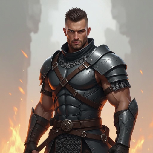 Male fighter character with a buzz cut and chainmail armor
