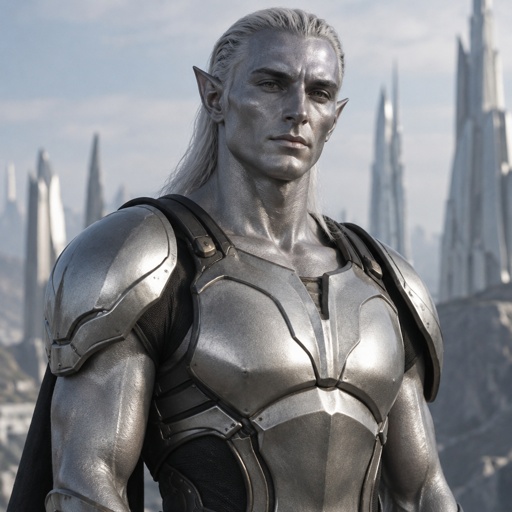 A tall, powerfully built humanoid alien warrior with metallic silver skin, pointed ears, sharp sculpted features, and a calm, severe expression; elegant rather than monstrous, wearing understated futuristic armor, cinematic portrait, detailed skin texture,