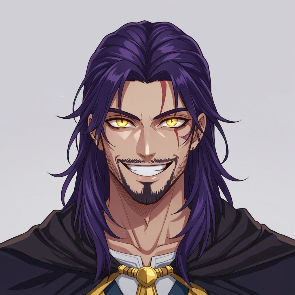 A long dark purple haired 20 year old with a big evil smile who has a stubble beard with yellow glowing eyes and Egyptian art on his face big strong guy with a dark cloak over himself 