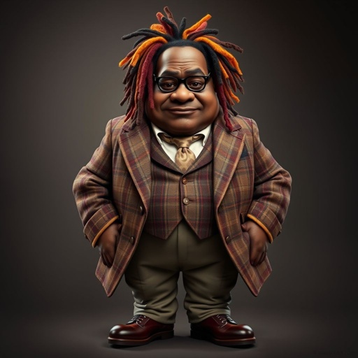 Create a funny serious fat character similar to Sherlock Holmes, but make him of black decent and with dread locks. Show his whole outfit including his shoes.
