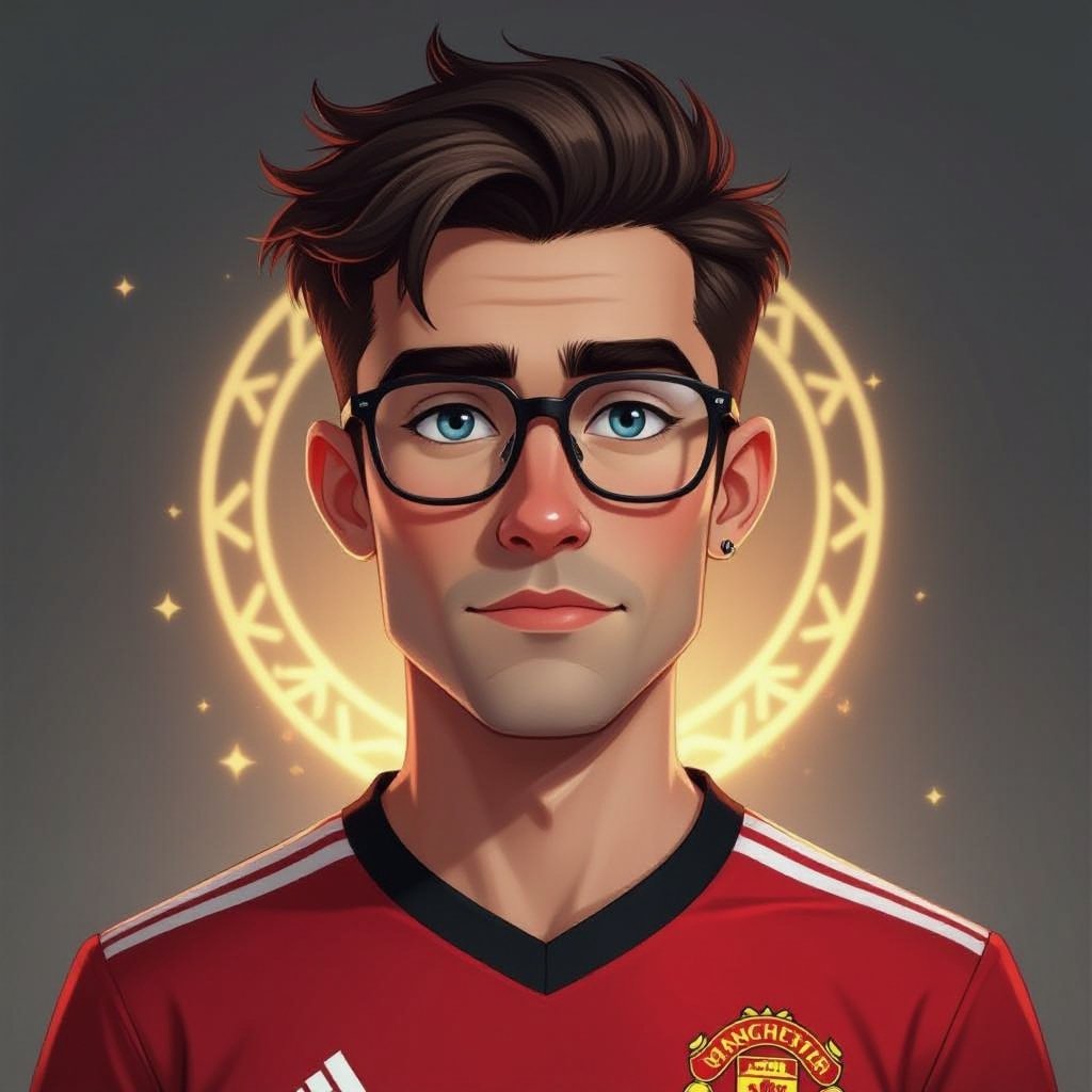Mężczyzna o krótkich, ciemnobrązowych, włosach. bez zarostu. niebieskie oczy. Ubrany w koszulkę piłkarską manchaster united. Duże okulary z szerokimi oprawkami. Podłużna twarz. Wysokie czoło, wąskie usta, Brwi opadające na końcach. Przymknięte oczy. Bez kolczyków
