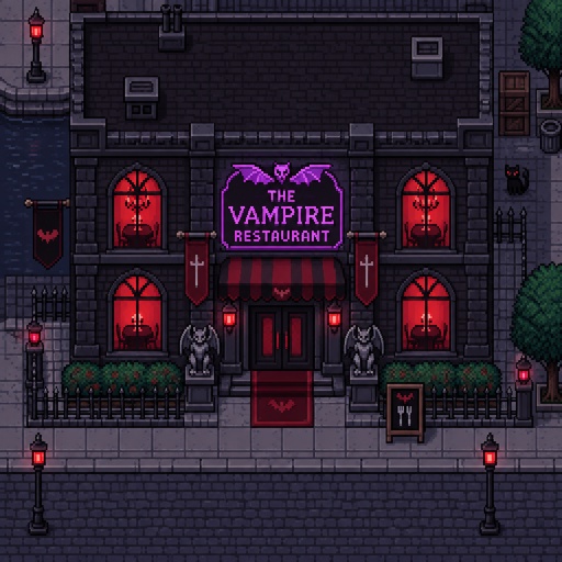 Vampire restaurant for a fantasy game set in modern times, exterior, full building, top-down style