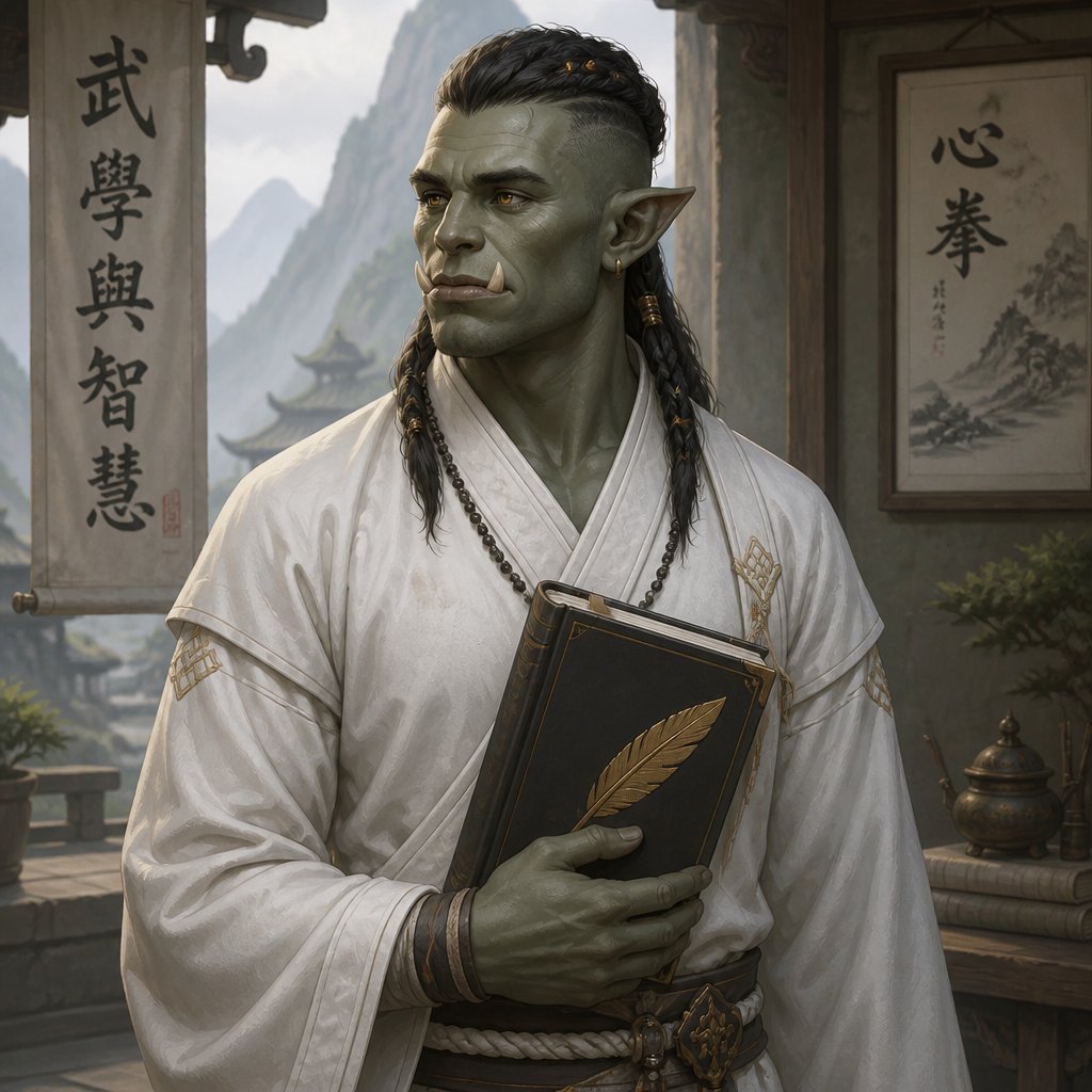 Make a Orc Monk. He has a long viking like braid on top of his head and his sides and back is shaved off, golden yellow eyes, greygreen skin. He also has these super well maintaind small tusks. He carries a note book with a golden feather symbol on its cover. He has white monestary clothes wich he uses also in his travels so more like a martial arts robes. He should not look scary or a brute. More like a scholarMonk.
