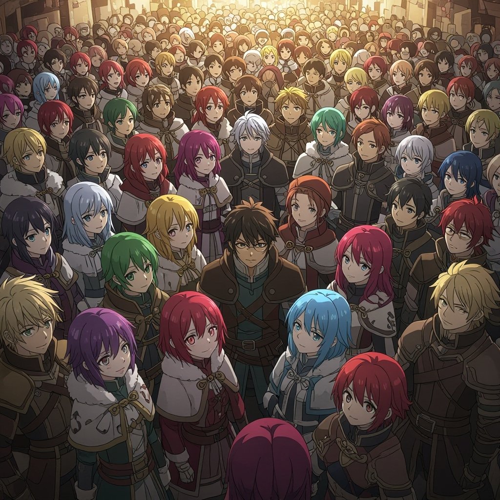 Downward view, large crow of people, D&D, humans, all ages, all genders