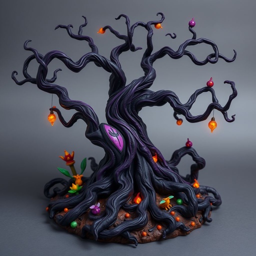 Give me a image of a fantasy dark magic tree, with roots in the bottom