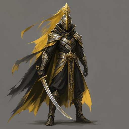 assassin, curved sword, crested helmet, colors black yellow grey silver gold, luminous lord