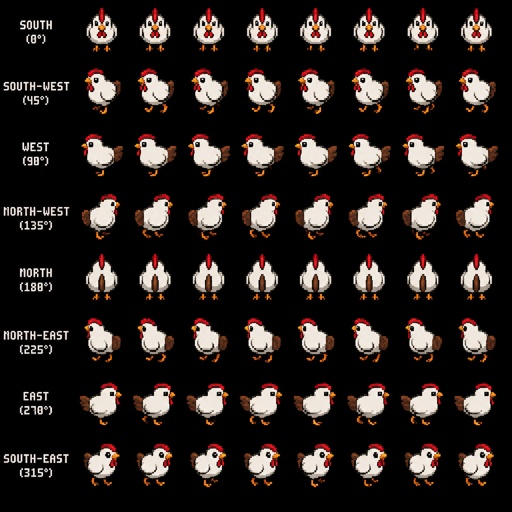 Chicken for a fantasy game set in modern times, top-down style, 360, different colors