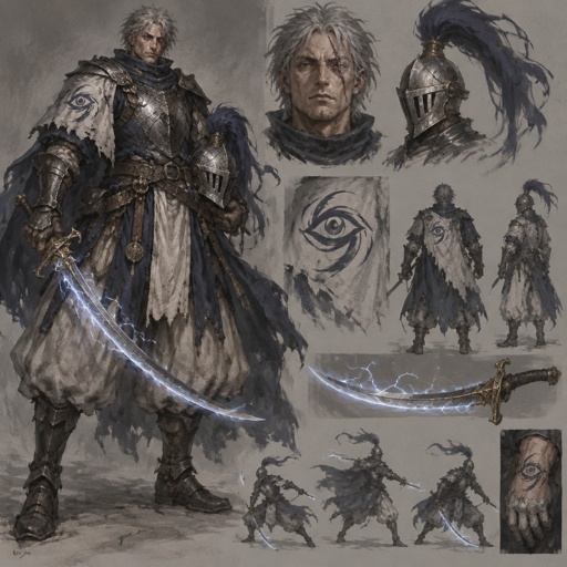 lightning knight, plume helmet, grey hair, eye of the storm mark, baggy pants, scar eye, teleportation ability, storm creation, lightning curved sword, electromagnetism manipulation