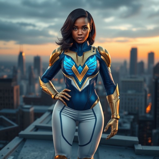 A young African American female superhero with shoulder length hair in a side part style wearing a  blue and white suit made of  spandex like material that’s slightly armored with gold accents with white pants and gold boots with a stylized V as her chest emblem with  wings made of blue fire standing on a roof in a Philadelphia at dawn