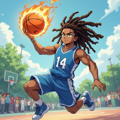 My character is a kind of muscular guy with green eyes and light skin 12 big Dreadlocks and a blue basketball jersey with the number 14 and a chain on his neck and he is jumping high in the air to dunk the ball that is made of fire 