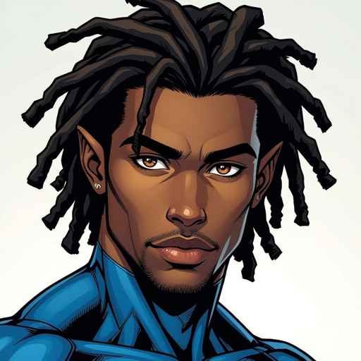A 19 year old half human and half elf black man with short dreads wearing black and blue and brown eyes