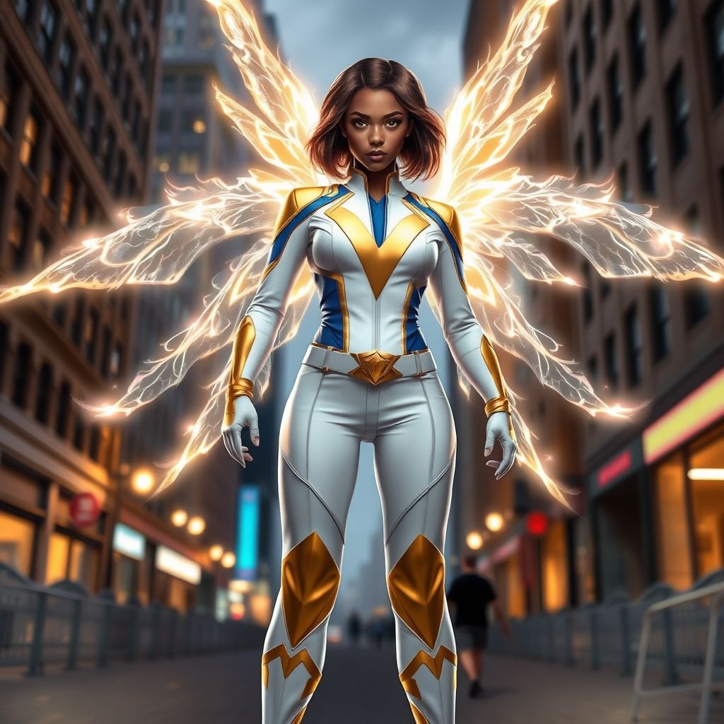 A teenage African American female superhero with brown hair with gold highlights in a shoulder length side part hairstyle with pure Gold Glowing eyes wearing a white suit with gold and royal blue with white pants and gold and white knee length boots with a utility belt with a gold V as her chest emblem with glowing wings made of white fire in Philadelphia