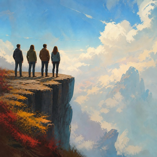 a painting of three people standing at the edge of a cliff
