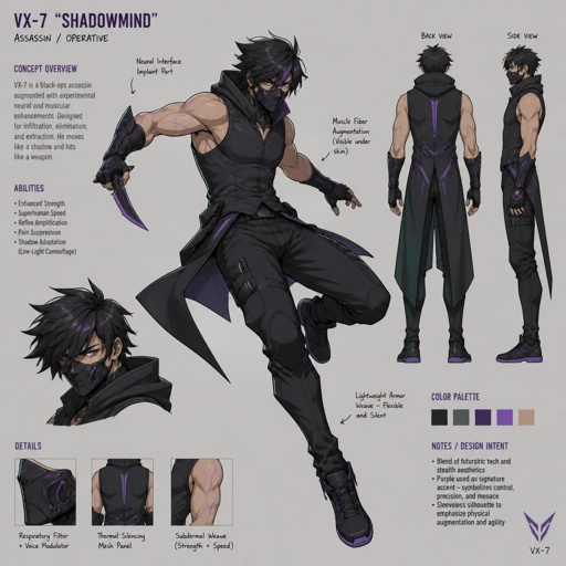 Male villain, assassin, enhanced physical abilities, concept, sleeveless, modern