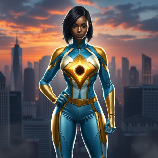 African American female superhero with hair in a shoulder length side part hairstyle with pure Glowing eyes wearing a leather light blue white and gold suit with light blue pants and gold boots and a gold diamond within a black hole as her chest emblem in Philadelphia