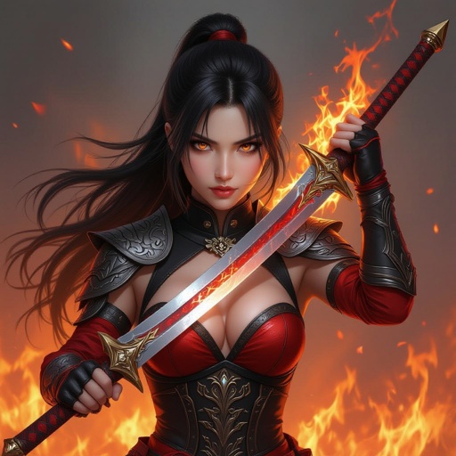 Warrior girl with flowing black hair, with sword with dragon crafted, holding with one hand across the picture, fierce background with fire, bit covered warrior costume with red and black, character should have a small bust