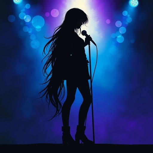 Black shadow/figure of a tall girl standing on a stage, holding a microphone in one hand and raising the other hand in a fist toward the sky. The stage is bathed in blue and purple light