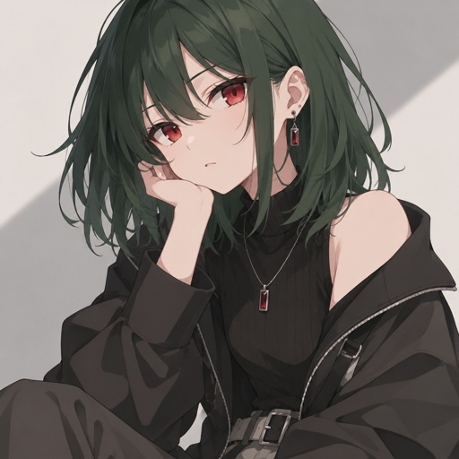 Teenage girl with shoulder length pine green hair and ruby red eyes. Fashionable clothes 