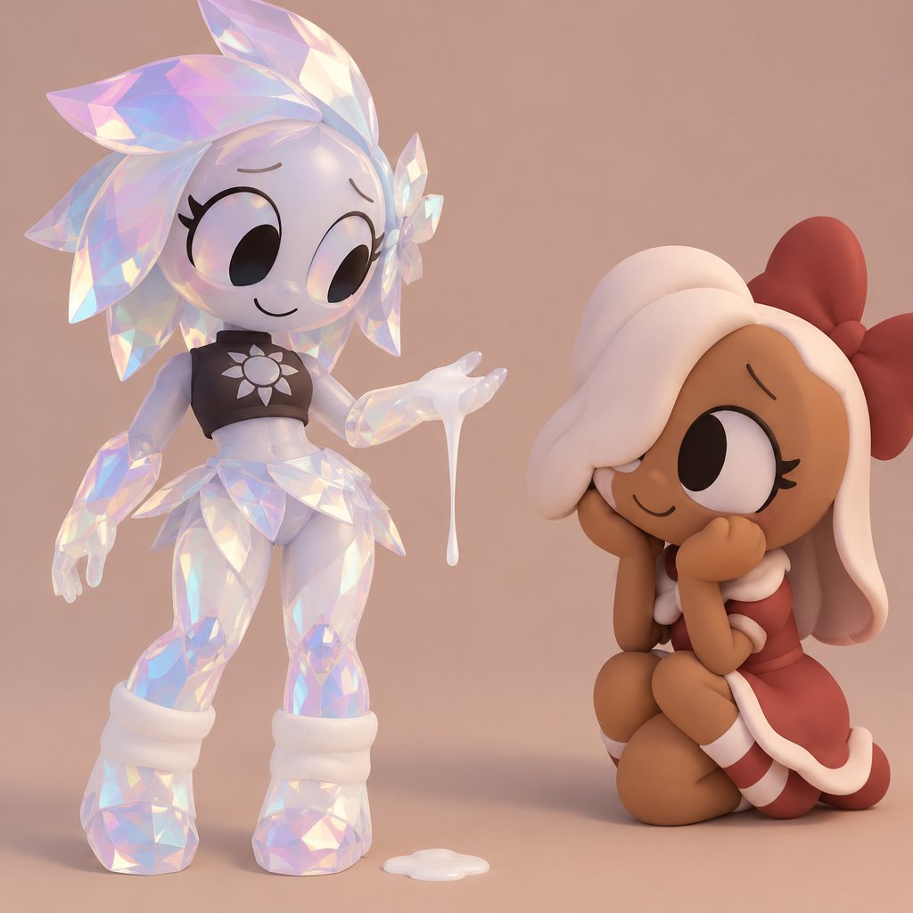 Ginger from Dandy’s world watching my dandy’s world Oc and summer main Crafter the Opalite shard who happens to be Gingers love showing her white Ichor aka Purified Ichor and Ginger notices that her legs and hips and waist are Opalite and the tops of her socks have Opalite crystals on them but she doesn’t mind