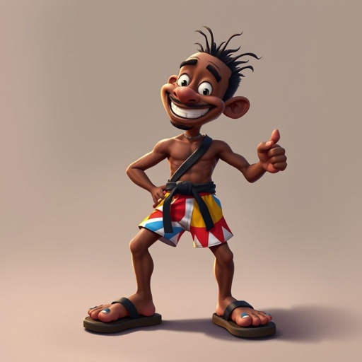 Create a character who looks like a funny African karate guy who doesn’t have a clue what he is doing. Make him have weird toes, only speedos on and a black karate belt.