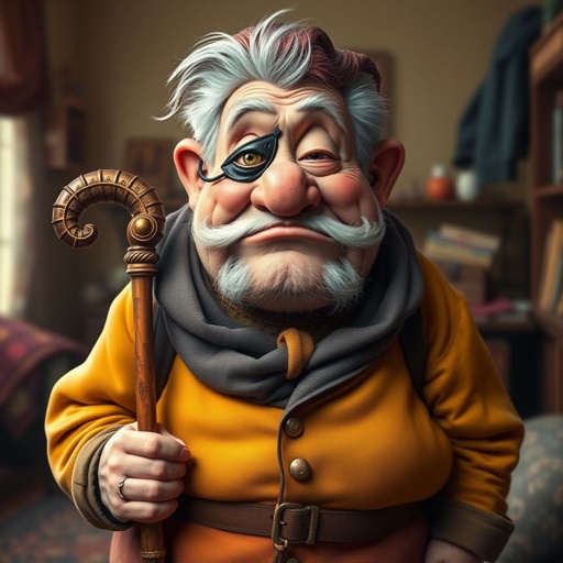 Create a grouchy funny old character who has 1 eye patched. Make him fat with a cane. Show his whole character head to toe in image 