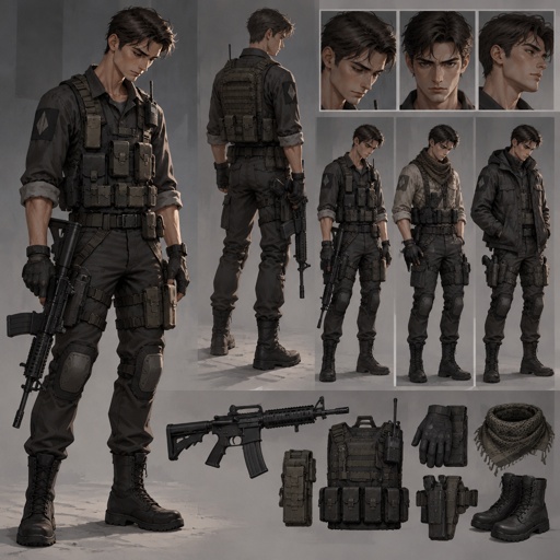 a character sheet of a man with a gun