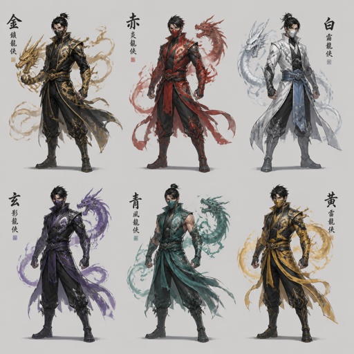 Male superhero with dragon abilities, mask, Asian , multiple of the same character