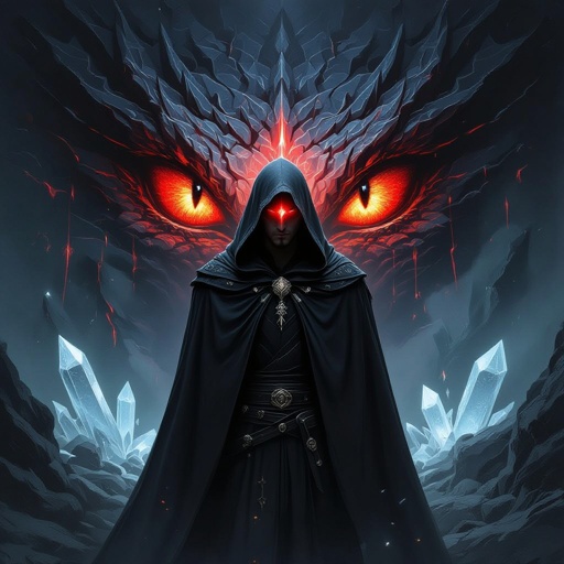 A man in a black cloak hiding his appearance in a veil of darkness behind the veil of his cloak is a single open blood red dragon eye were his left eye would be in the background is a creeping darkness with a shattered crystal resembling a soul