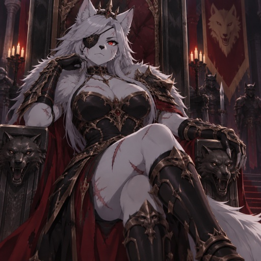 Female wolf furry, white fur, beautiful, numerous scars, eyepatch over right eye, left eye is red, long white hair, warrior queen attire, throne room,