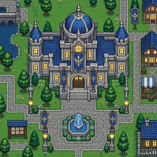 Town hall for a futuristic fantasy city game, exterior, top down style