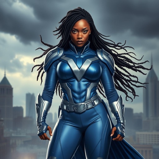 African American female superhero with locs in a shoulder length style wearing a leather slightly armored light blue and silver suit with light blue pants and silver boots and a V as her chest emblem standing in Philadelphia during a storm