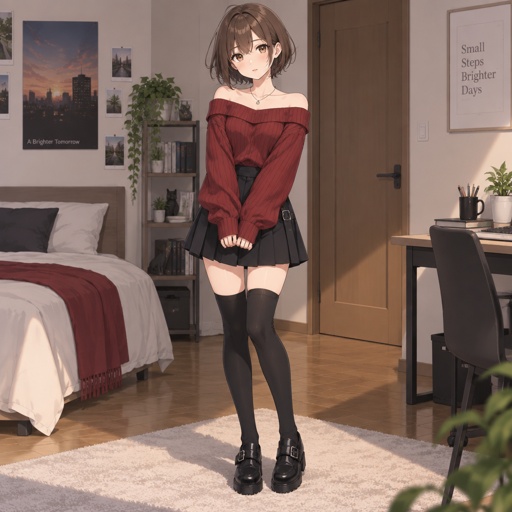 Girl standing up with short brunette hair,hazelnut eyes,red sweater,shoulders showing,black skirt,long socks,black buckle shoes