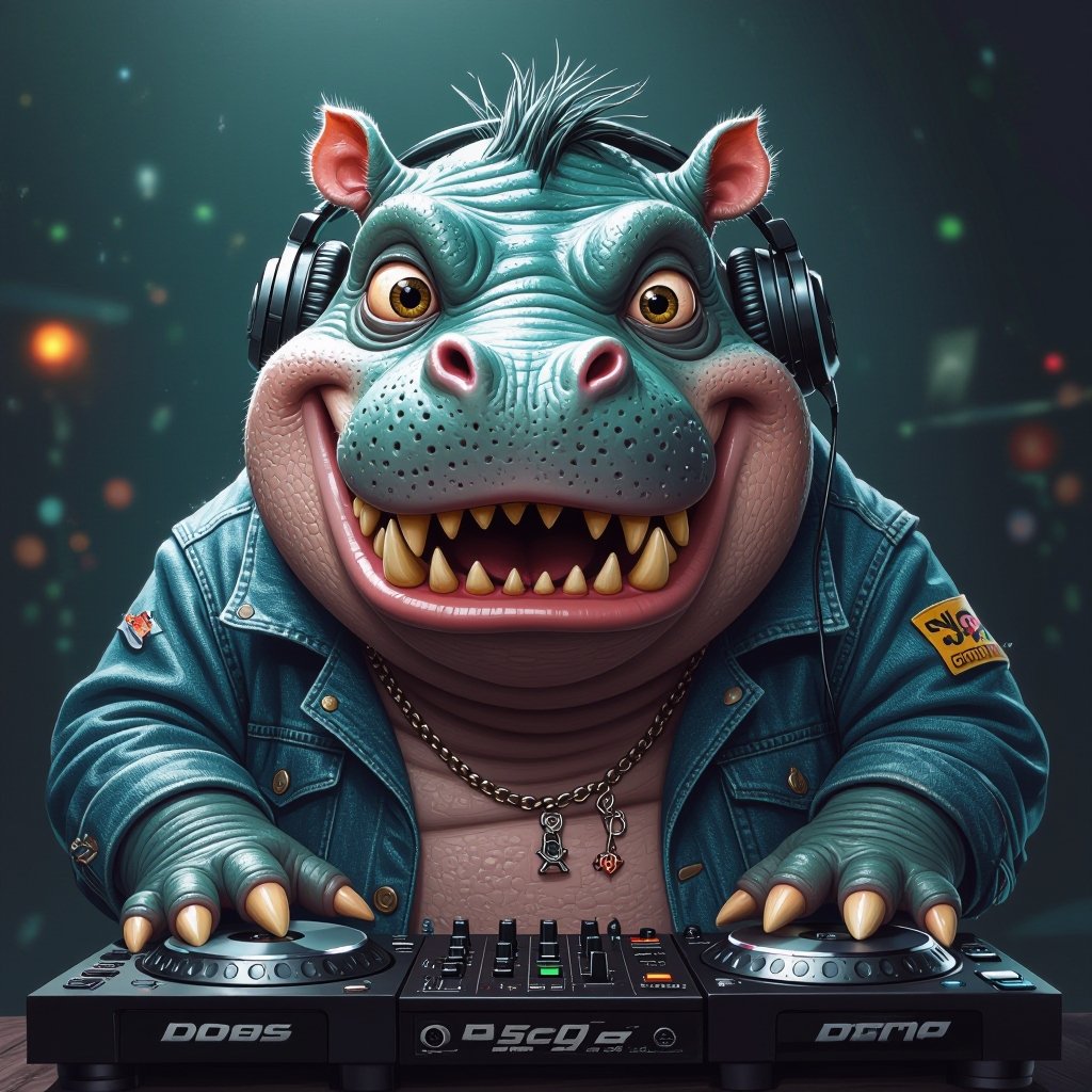 Create a funny looking monster dressed like a dj kinda with hippo monster face