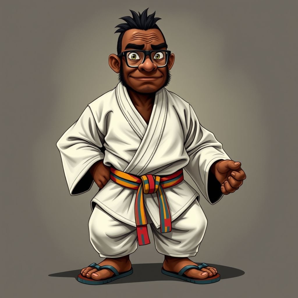 Create a funny looking African sensei. Show the whole character from head, body , legs , feet and make him serious.