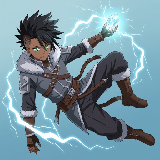 A full body picture of a 15 year old black male with a semi braided undercut and green eyes. Give him a gray mage/assassin outfit with fur. Have him floating surrounded by lightning bolts. Give him a crystal that floats from his upside down left hand 