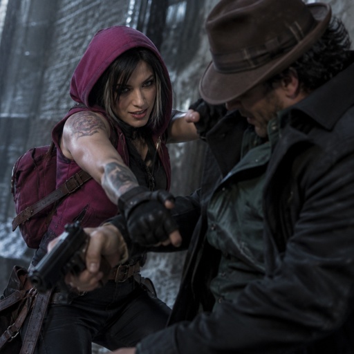 Female, black jagged hair cut, neck length, white strands, two lip piercings, blue eyes, magenta sleeveless hoodie hood up, dark magenta satchel, belt with knife attached, gloves, tattoos on both arms, smirk, Male, brown fedora that covers eyes, black back hair spiky, black trench coat with upturned collar, green shirt,  clean shaven, holding gun, fighting the other