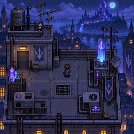  TV antennas mixed with magical crystals for a fantasy game set in modern times, top down style