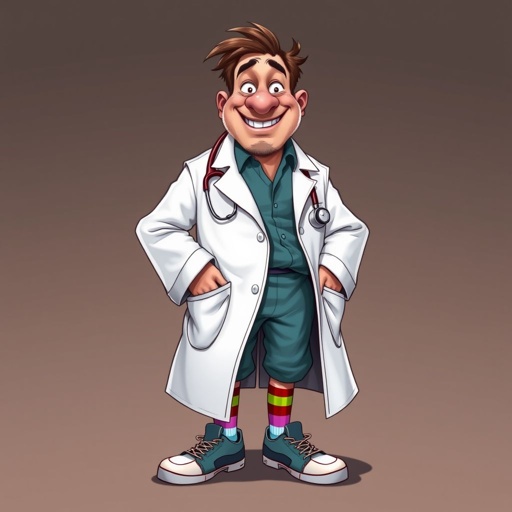 create a doctor. Who is funny human looking from head to toe. And he always immediately results to surgery for anything even small things. So please be sure to show his whole outfit head to toe. Make him have only 1 tooth