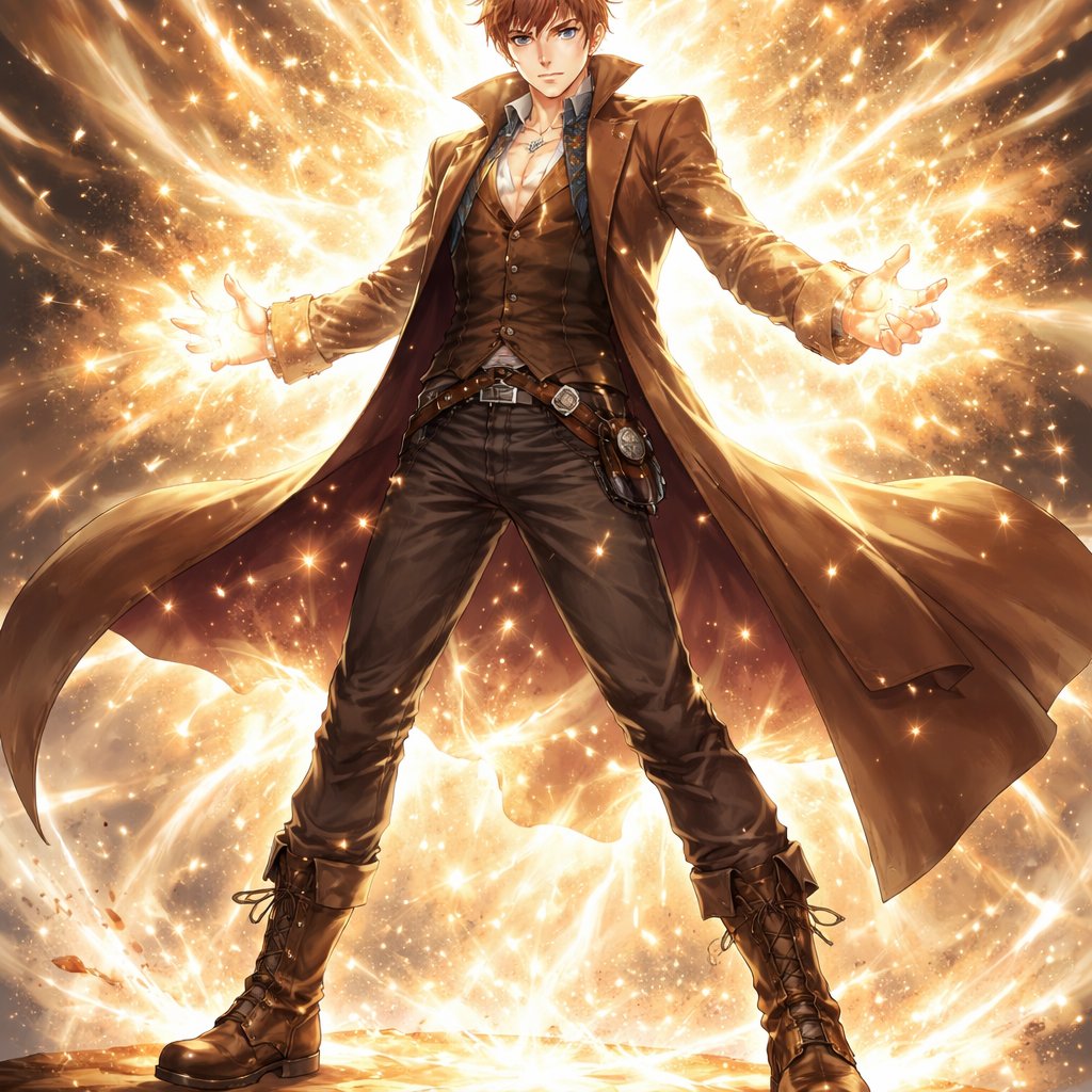A timelord style charecter like doctor who wearing a Victorian brown coat brown jeans brown steampunk boots a robe belt wrapped round the waist and coat regenerating