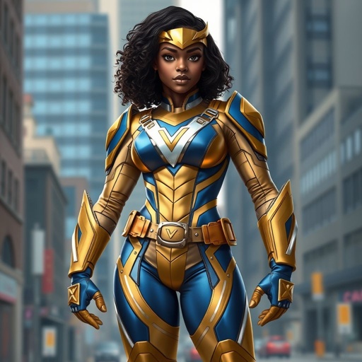 A teenage African American female superhero with slightly curly hair in a shoulder length side part style wearing a polyester armored gold and blue suit with white accents and a stylized V as her chest emblem a utility belt and gold boots standing in Philadelphia