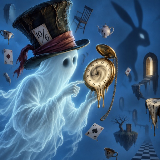 A ghost with the mad hatter hat on is checking his pocket watch that is going crazy
