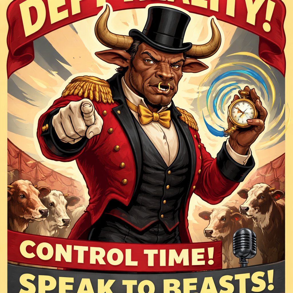 A male medium brown Minotaur with brown eyes that has a well~proportioned figure that works at freak show as the ringmaster. That has abilities of Reality Rejection, Time Manipulation (Chronokineses), Zoolingualism (Language of Cattle only), Human Speech. He’s basically a hybrid with his mother being a human with half-animal (Cretan bull) physiology and his father a Cretan Bull.