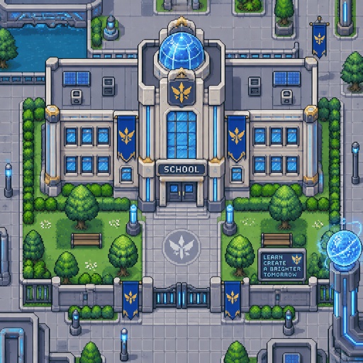 Small School  full building for a futuristic fantasy city game, exterior, top down style