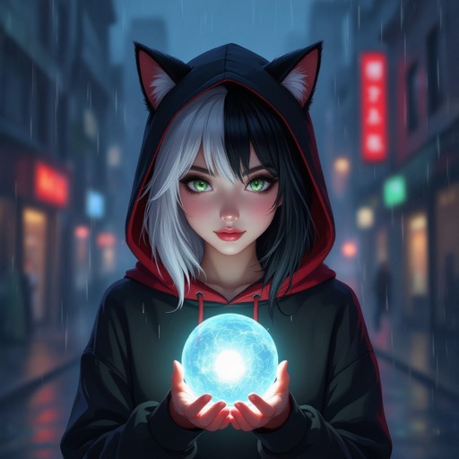 Młoda kobieta. Włosy do ramion, z grzywką, prawa połowa włosów biała, lewa połowa włosów czarna. Okrągła, pyzata twarz. Szaro-zielone oczy. wąskie usta. Ubrana w czarno czerwoną bluzę z kaptórem z kocimi uszkami. 