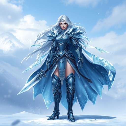 Create a battle woman hero called Alvara the Frostheart. Show full body head to toe including shoes