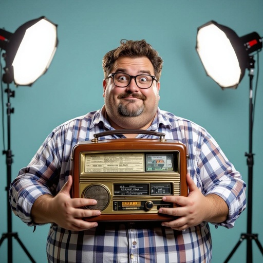 Create a funny fat guy who is has a book box radio 