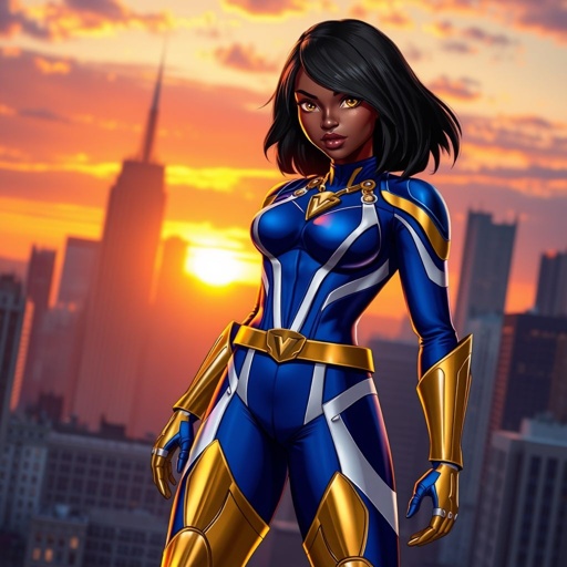 African American female superhero with hair in a shoulder length side part hairstyle with pure Gold Glowing eyes wearing slightly armored royal blue white and gold accented suit with royal blue pants and gold knee length boots with a utility belt with a gold V as her chest emblem in Philadelphia
