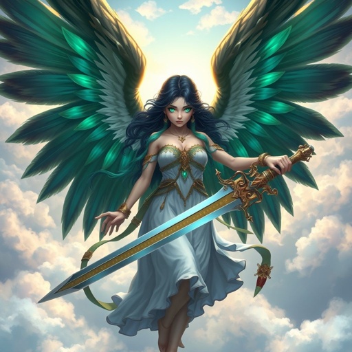 A teenage girl. Pale skin, glowing emerald eyes, angelic wings and Greek goddess clothing. Hair as black as coal with cyan tips holding a legendary sword flying above the clouds